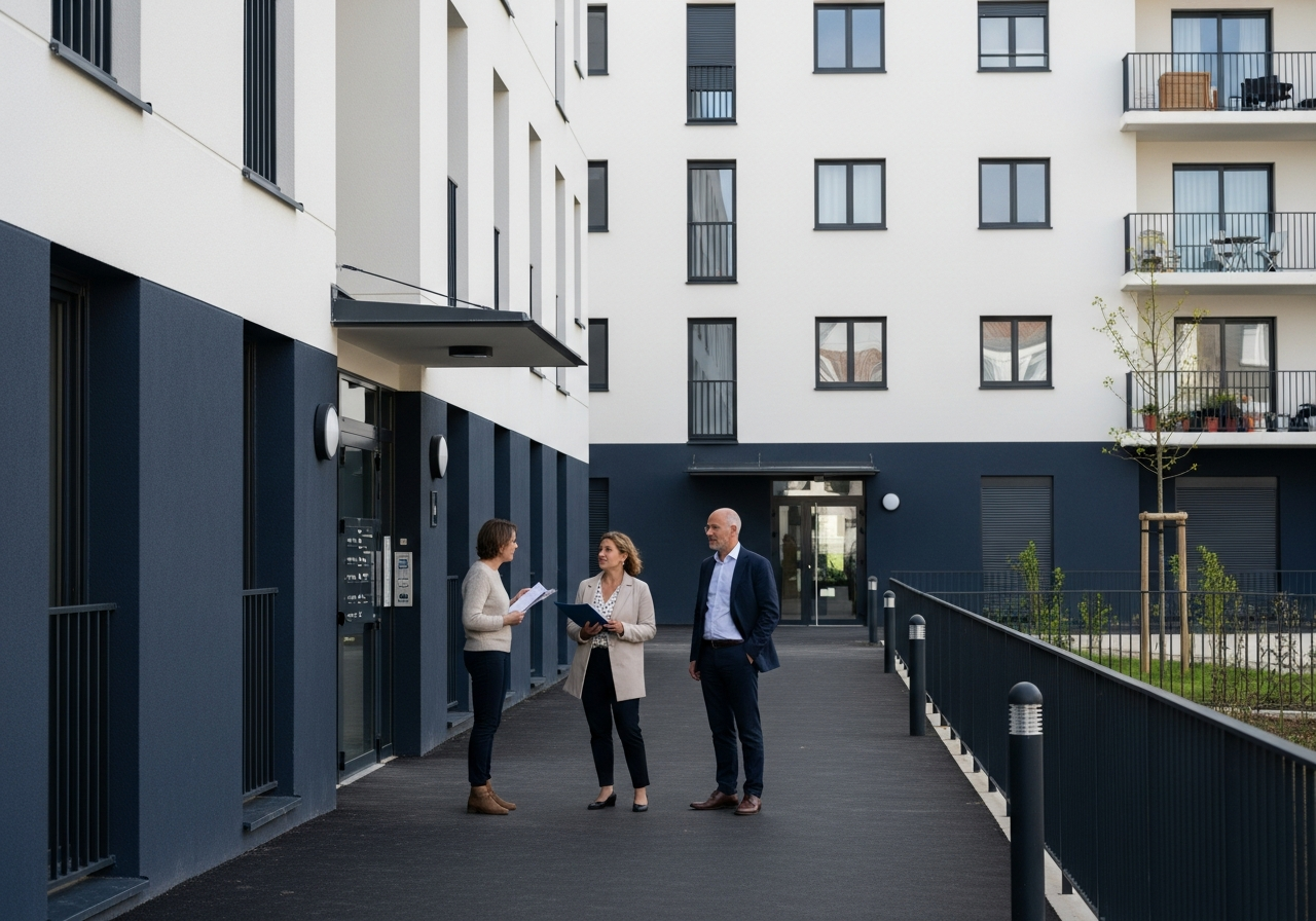 Facades of new residential buildings in France with adult residents near the buildings